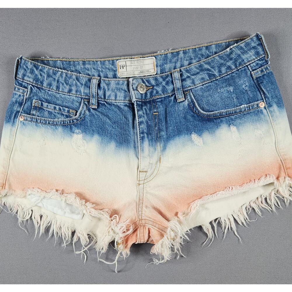 Free People Size 27 Ombre' denim shorts blue/white/peach raw fringe hem Cotton